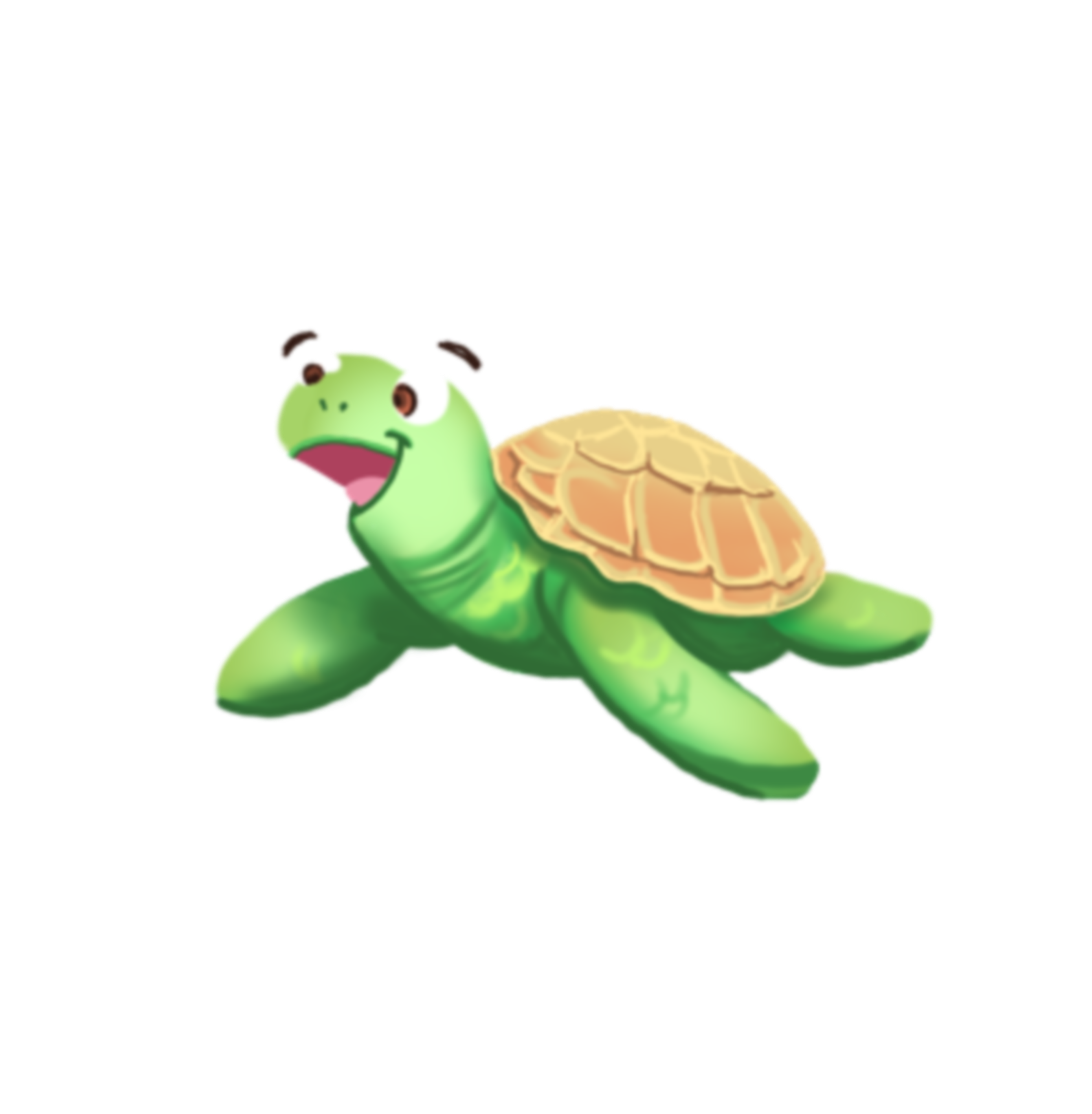Cartoon green sea turtle with a tan shell smiling with wide eyes.