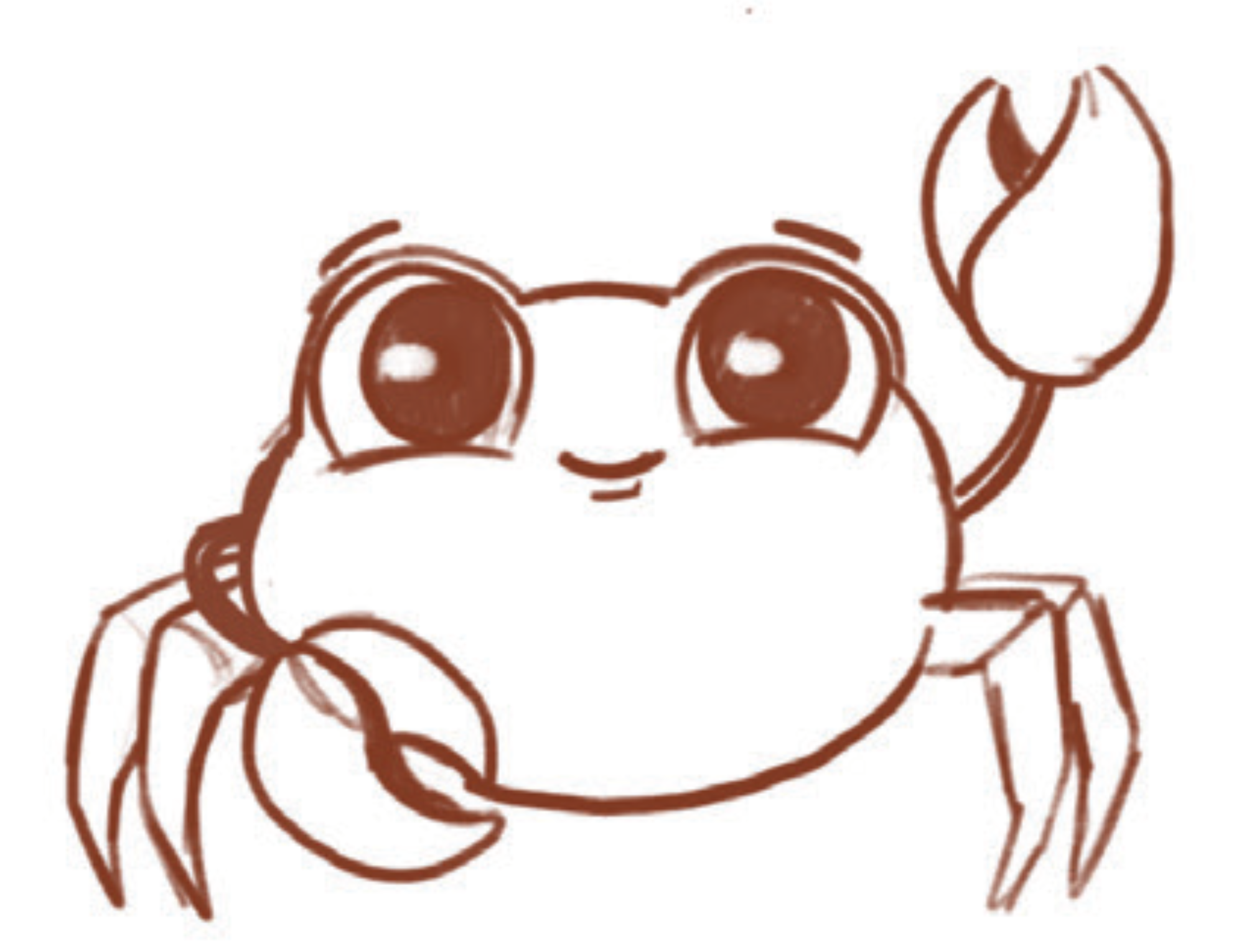 Simple cartoon crab with big eyes smiling and one claw raised on white background.