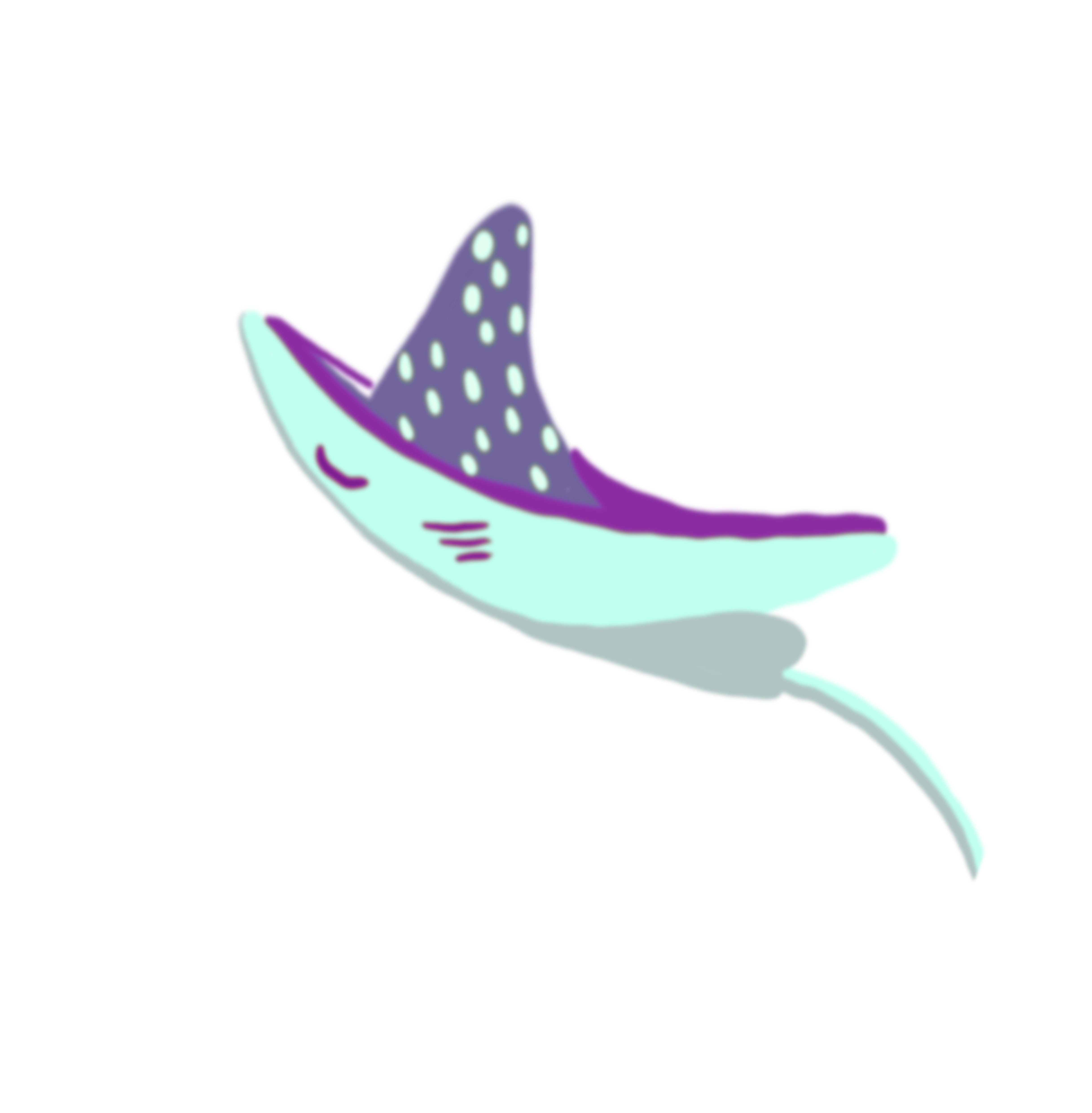 Illustration of a manta ray with purple and light blue colors and white spots on its back.